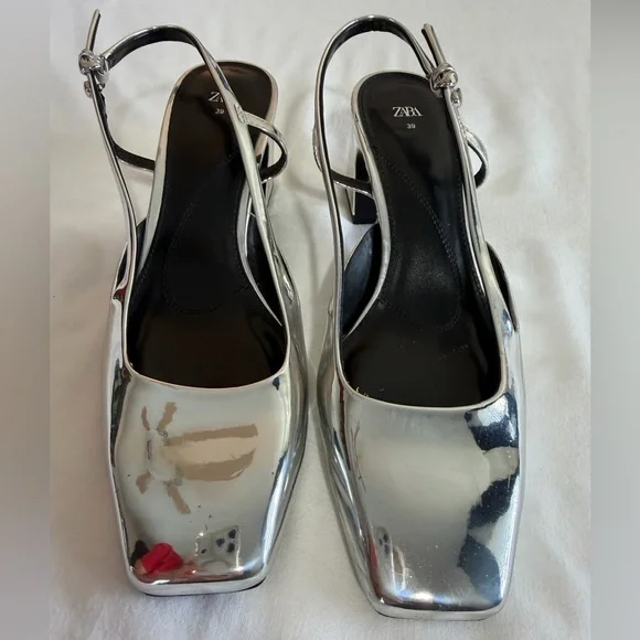 Zara Metallic Silver Slingback shoes heels size 8 Eur 39 - Picture 10 of 11